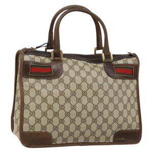 GUCCI GG Supreme Web Sherry Line Hand Bag PVC Beige Gold Red Auth BA6243